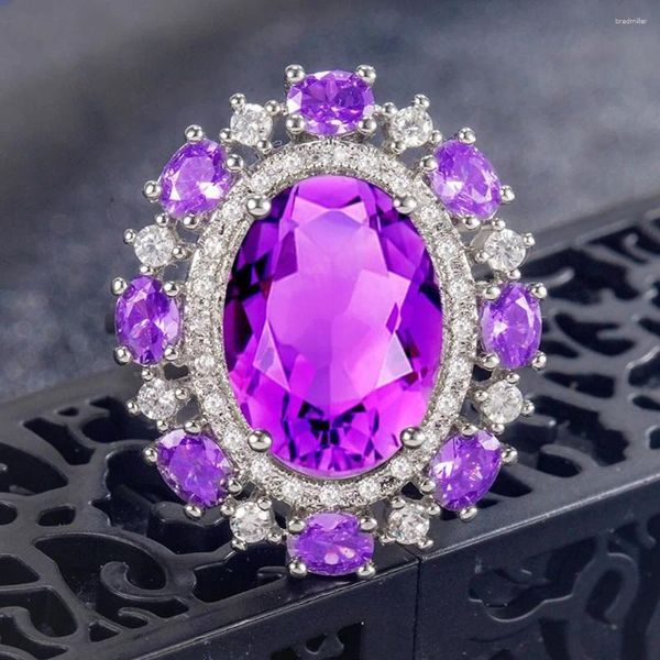 Rings de cluster Big 4 s luxuoso cristal roxo Ametista Gemos de pedras de zircão Diamonds Flores para mulheres Presentes de festa de casamento de jóias finas