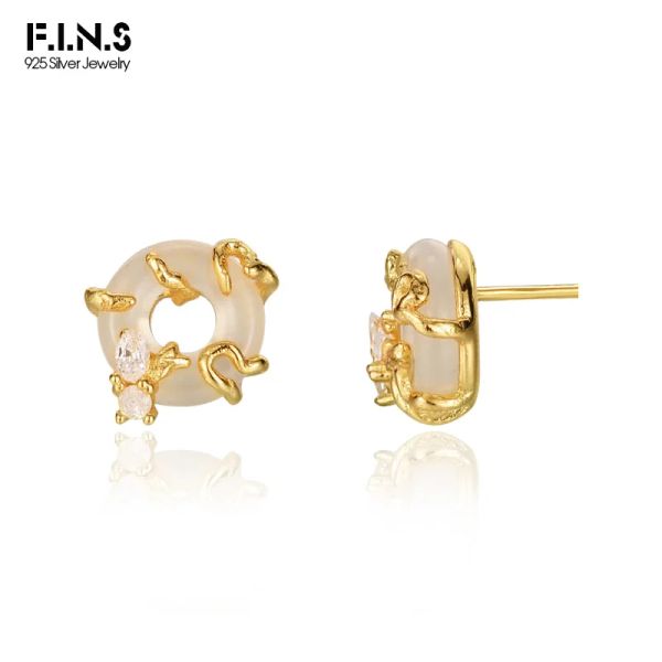 Ohrringe F.I.N.S Chinesische Stil Real S925 Sterling Silber Gold Friedensknöge Ohrringe kleiner Zirkon Jade Stein piercing Ohr feiner Schmuck