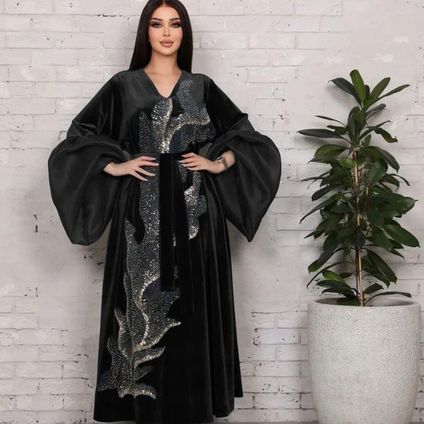 Roupas étnicas abaya mulher muçulmana vestido de estilo doce de veludo dourado lantejoulas bordadas mangas bordadas manto vestidos elegantes ramadã eid ab351