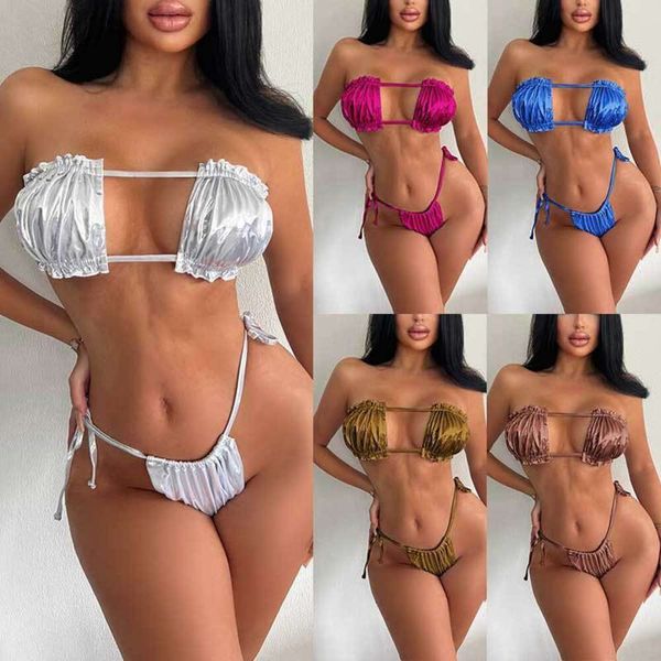 2024 Bikini Sıcak Damgalama Dantel Yukarı Pileli Sutyen Bölünmüş Mayo Kadınlar Backless Lace Up Bikini