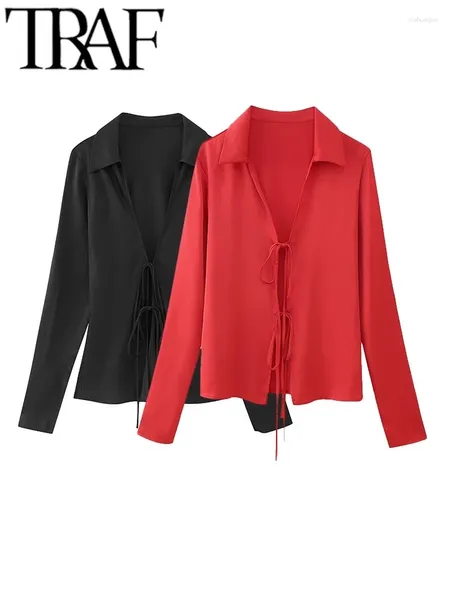 Blusas femininas pretas de cetim vermelho Blusa casual 2024 Summer v pesco