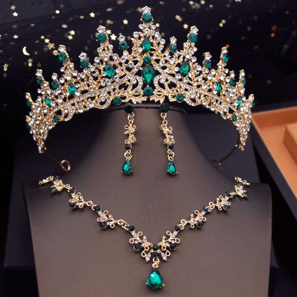 Colares de jóias de jóias de coroas verdes para mulheres conjuntos de colar de gargantilha com tiaras vestidos de noiva Bride Jewelry Acessórios