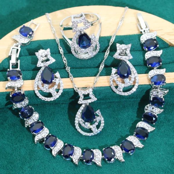 Socchi zirconi blu 925 set di gioielli da sposa d'argento per orecchini da donna Necklace Anello a pendente Bracciale di appunta