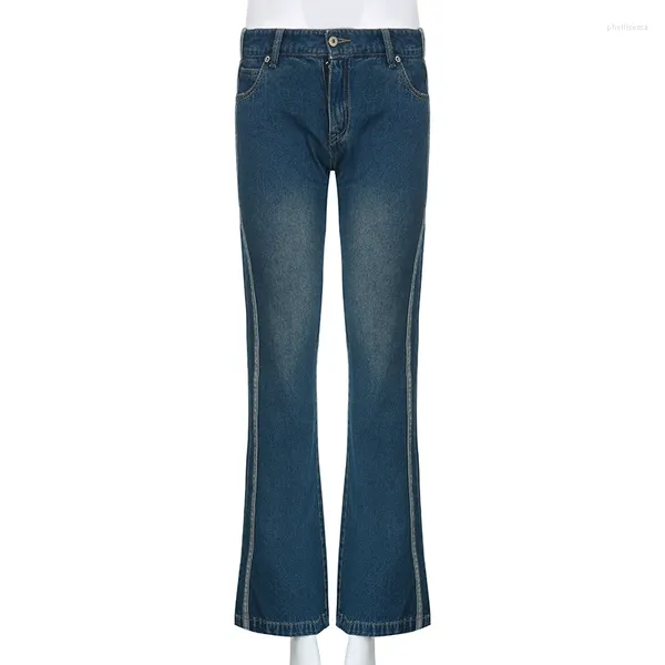 Frauen Jeans amerikanische Vintage -Seitenstiefel Stiefel Stiefel Kontrast Farbe Low Taille Slim Girl Casual Hosen Trendy Trendy