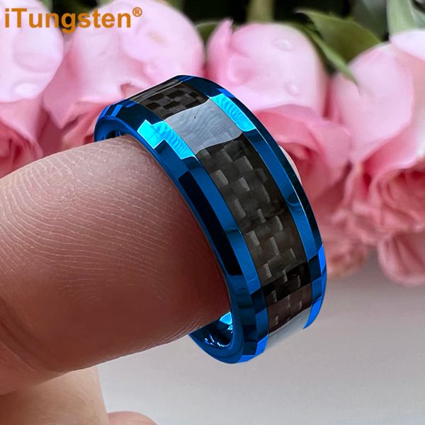 Bandas Itungsten 8mm Men Blue Men Mulheres Ring tungstênio Bandas de casamento com fibra de carbono preto encaixe de conforto