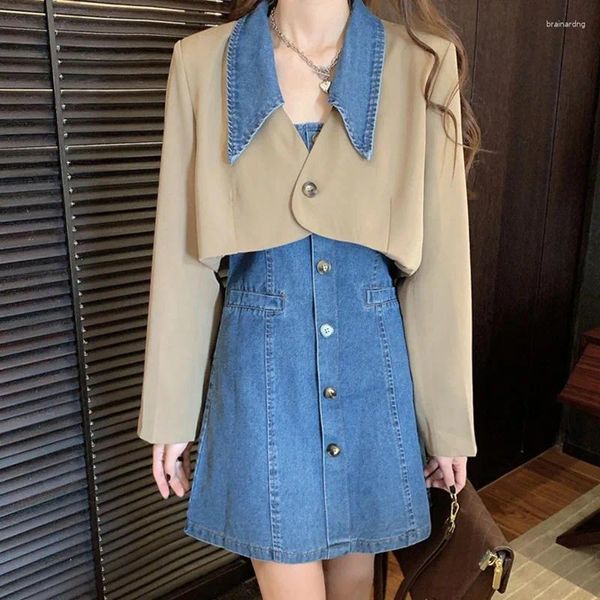 İş Elbiseleri Koreli Yakası Yakası Tek Göğüslü Ceket Bodycon İki Parçalı Set Kadınlar Kısa Blazer Y2K Slim denim Mini Elbise Takım