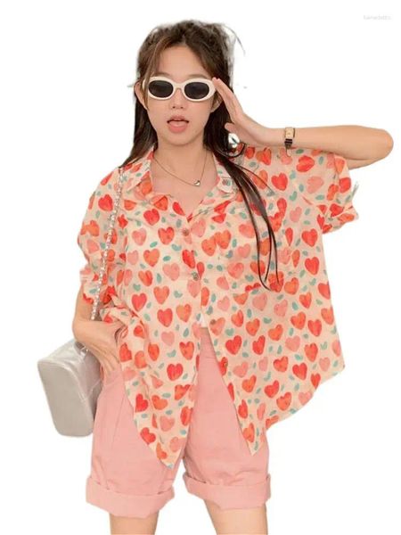 Bloups feminina feminina linhagem chique linear camisa vermelha de verão Mulheres adoram impressão de mangas curtas de manchas de bolso de bolso Blousesshirts Tops