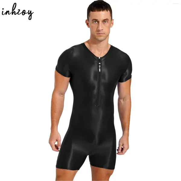 Uomo da bagno femminile da bagno con costume da bagno in un pezzo di nuoto glossy elastico salto a maniche corta con cerniera da bagno per nuotare bodybuilding workout