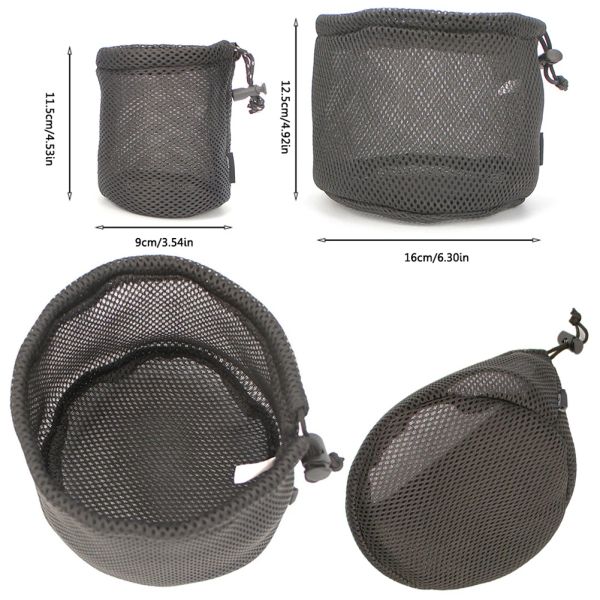 Taschen Schwarzer Nylon Mesh Bag Travel Stuff Sack Kordelbeutel Netto -Tasche Aufbewahrung Ditty Bag für Campingkocher Herd Tischgeschirr Organizer