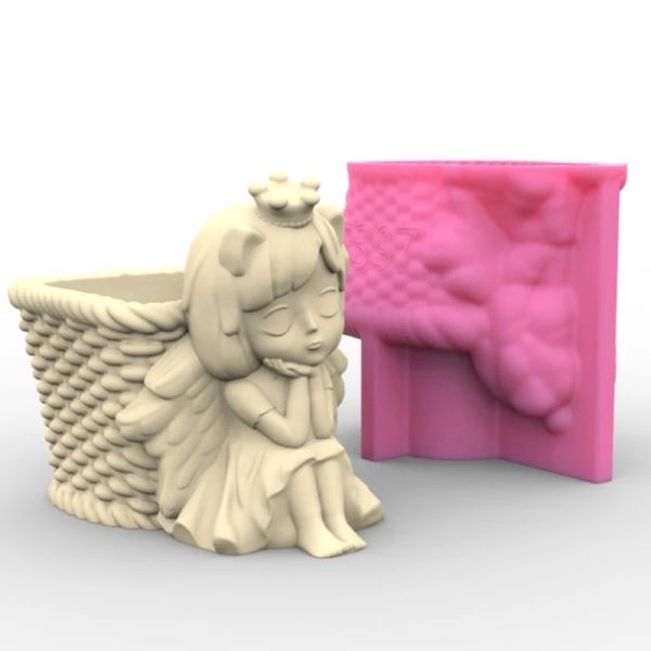 Ручки цветочный горшок Силиконовая плесень 3D Angel Girl Suculater Flater Бетонная плесень Diy Craft Leam