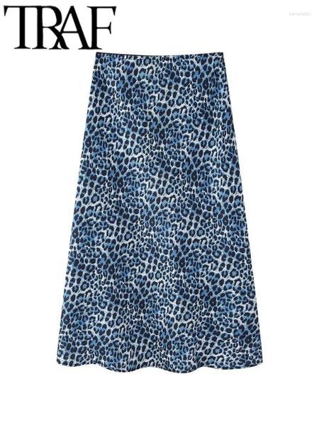 Röcke Ultra dünner Satin-Leoparden-Druck Frauen Midi Casual 2024 Sommer Reißverschluss High Taille A-Line Female Long Rock Y2K