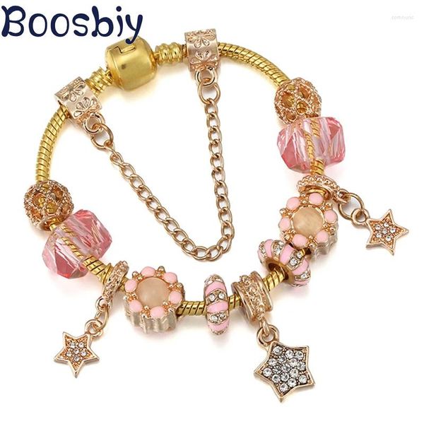 Bracelets de charme Design Pulseira de flor rosa de cor dourada com estrela de estrela brilhante Pingents Diy Fashion Brand Jewelry Gift for Women
