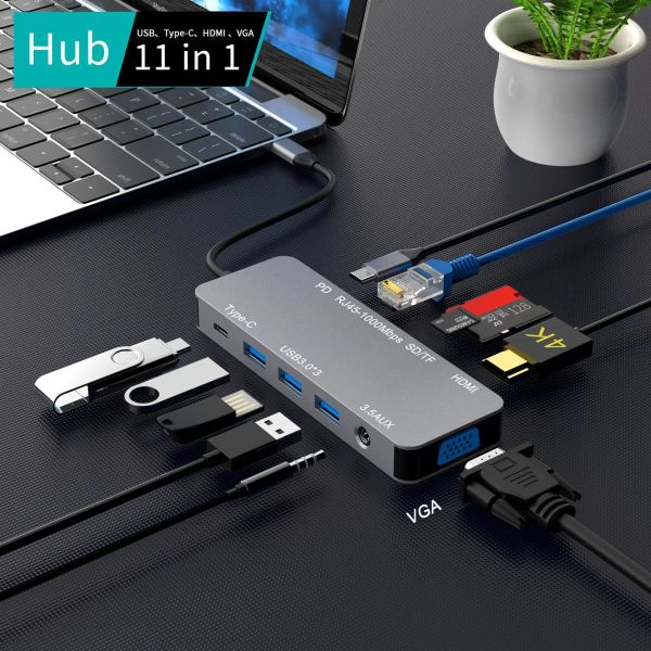 Hubs USB C Hub 11in1 Type C Hub Docking Station con Gigabit Ethernet, 4K USB C a HDMI, VGA, SD/TF, MIC/Audio, PD per MacBook Air/Pro