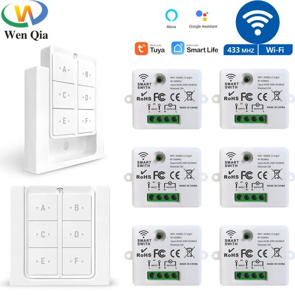 Controllo Tuya WiFi RF Interruttore Light Smart 433MHz 6 Gang Wireless Pannello Switch, ricevitore di temporizzazione a 110 V 220 V Work con Goole Home/Alexa