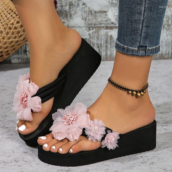 Terlik çiçek yüksek topuklu kadınlar kama sandalet yaz platform ayakkabıları 2024 flip flop slingback slaytlar pompalar mujer zapatos