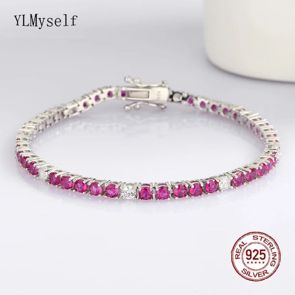 Strands Solid Real 925 Silver Tennis Bracelet 3mm Ruby Fuchsia Mix Pink Mix White Cubic Zircon 1521 cm Jóias finas para mulheres