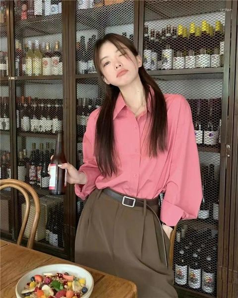 Frauenblusen Shpmishal Korean Fashion Pink Hemd 2024 Frühling/Sommer dünn vielseitiges Design Lose mittelgroße obere weibliche Kleidung