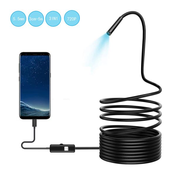 Kameras 720p 5,5 mm Endoskopkamera Flexible IP67 wasserdichte InspektionsborsCope -Kamera für Android -PC -Notebook 6LEDS Einstellbar