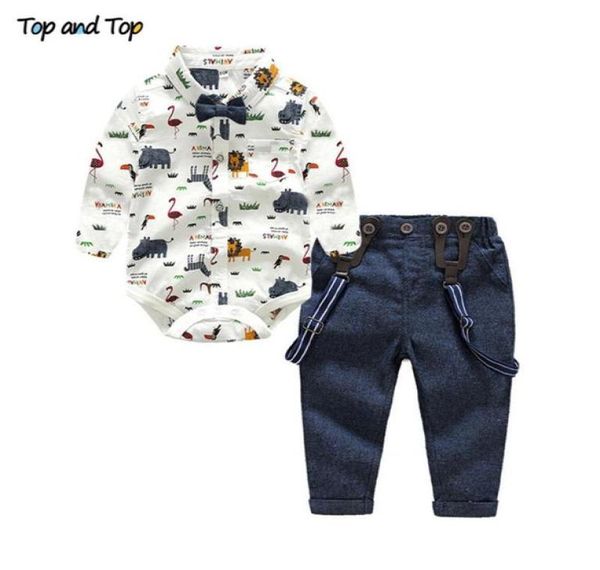 Top e top Baby menino Clothing Conjunto de outono recém -nascido cavalheiro terno de manga comprida Suspender calça calças crianças roupas de algodão 21923301