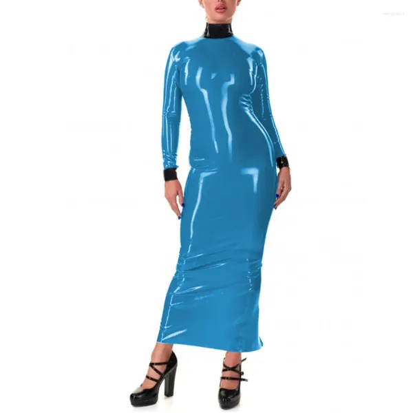 Lässige Kleider Damen Elegant Bodycon Full Sleeve Patchwork Langes Bleistiftkleid Wetlook PVC hoher Nacken schlanker Rücken Reißverschluss Maxi Hobble Clubwear