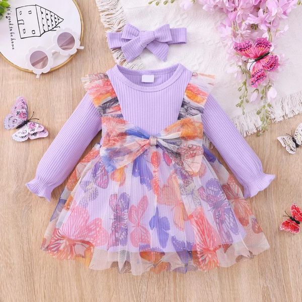 Abiti da ragazza 2024 Autunno Inverno per bambini Dress Dress Bowknot Mash Long Sleeve Party Princess 6 9 12 18 24 MESI BAMBINO