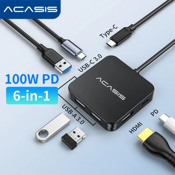 Hubs Acasis USB Hub Tip C HUB 4K 30Hz Docking İstasyonu USB C ila HDMI ile 100W PD 3 USB 3.0 bağlantı noktası adaptörü MacBook Air Pro için USB