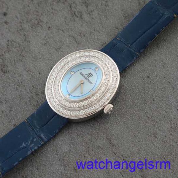 Pulso de pulso AP Cronógrafo 67395BC Placa azul claro feminino Diamante original 18K White Gold Quartz Womens Watch