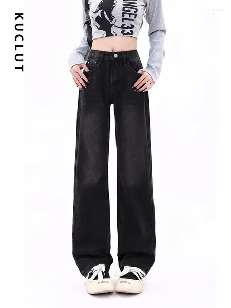Jeans femininos Kuclut Black Wide Leg for Women Korean Fashion Streetwear Straight calça reta Casual Tranquas de jeans de comprimento total