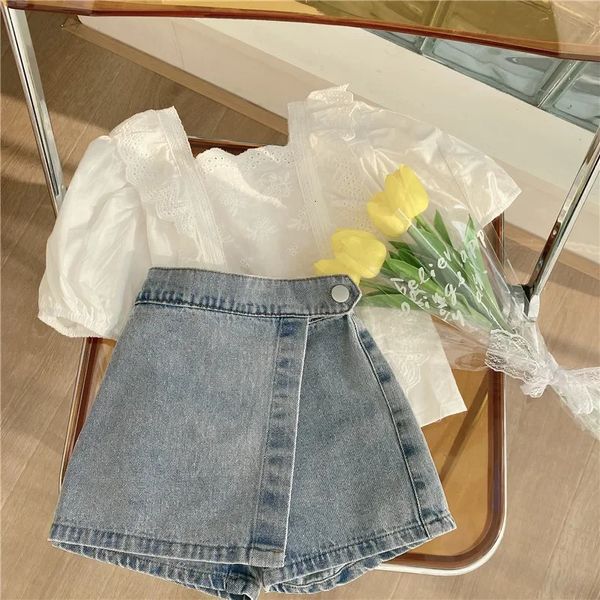 Kinder Kleidung Set Summer Girls Mode Spitzenbluse Top Denim Shorts Koreanische Kleinkinder Kinder Casual Hosen Jeans 2pcs 2-7y 240410