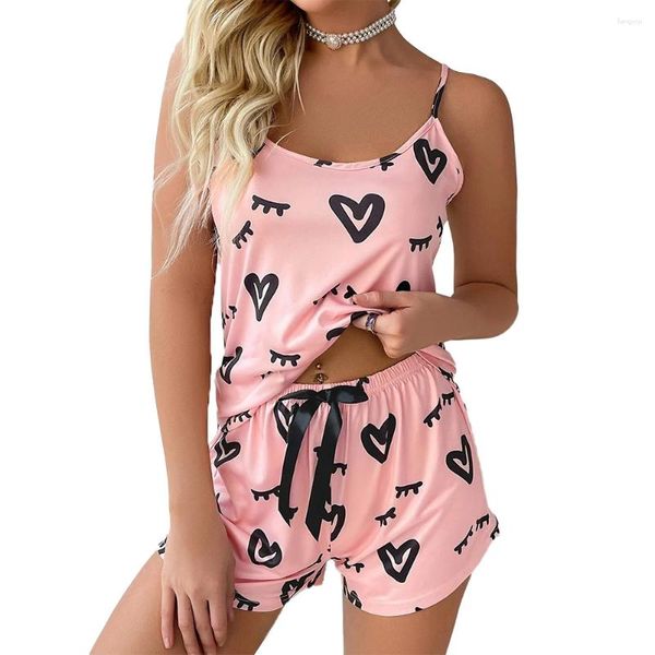 Sonowlee feminino Sexy Summer Love Print Lingerie 2 Peças Pijama Conjuntos de pijama deslizam shorts de camisola de pijamas brilhantes conjunto de roupas para mulheres