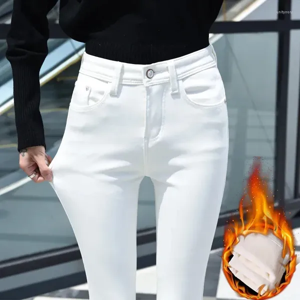 Jeans femininos Branco Adicionar veludo engrossar mulheres outono inverno versão coreana de calça lápis apertada na cintura alta mantém os pés pretos quentes