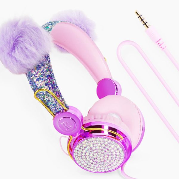 Fones de ouvido Bling Girl Girl Kid Bluetooth Wireless Headphone com Microfone Luxury Glitter Capacete de Hairball Capace