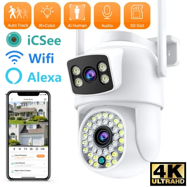 Kameras 8MP 4K PTZ WiFi Kamera Dual Screen Outdoor Überwachung Auto Tracking AI Human Detect Wireless Nachtsicht Kamera ICSEE -App