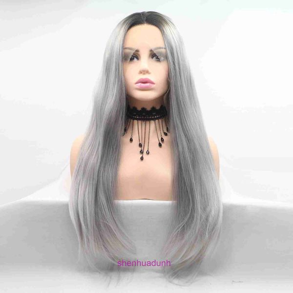 HD onda corporal Destaque Lace Fronteiro Human Human Wigs para mulheres peruca longa cabelo cacheado prata cinza de alta temperatura de alta temperatura Fibra sintética Bandada de cabeça e tampa