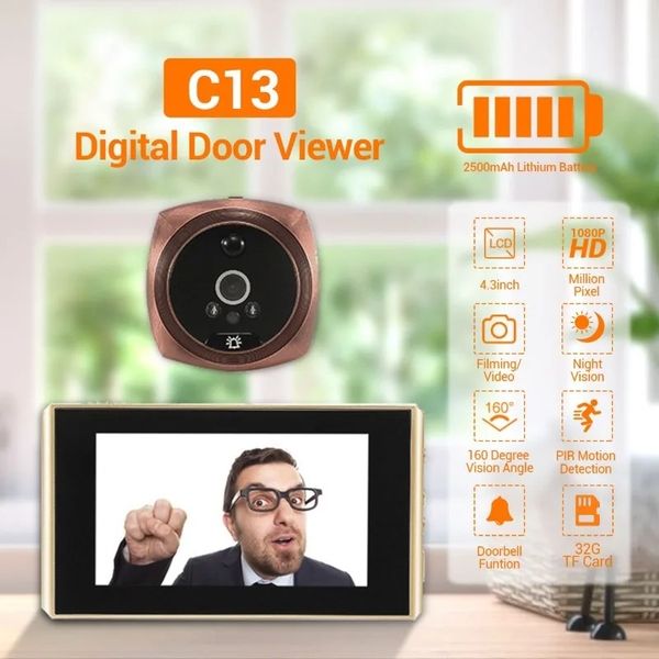 2024 4,3 polegadas 1080p Vídeo Peephole Porta digital Porta de câmera Câmera de 160 graus ângulo de videocolador Vídeo Vídeo Eye Out Outdoor Door Bell para Vídeo Visualizador de Peephole