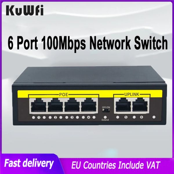 Маршрутизаторы Kuwfi 48V Network Switch 10/100 Мбит/с коммутатор Ethernet переключатель RJ45 с 4 портом для IP -камеры/беспроводной точки доступа/Wi -Fi Router