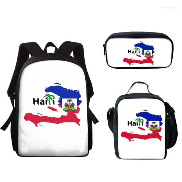 Backpack Trendy Creative Rodty Funny Haiti Flag 3D Imprimir 3pcs/set pupil School School Laptop Daypack Lunchag Sags Case de lápis