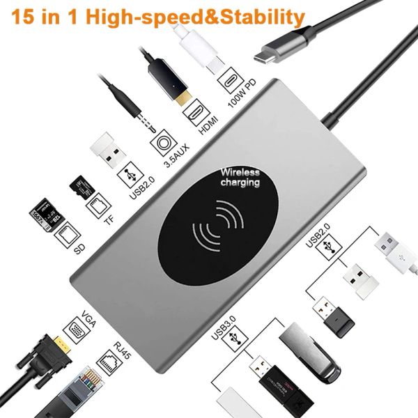 Hubs 15 in 1 USB C -Hub -Adapter USBC Dockingstation mit 4K HDMI VGA RJ45 Wireless Ladegerät 100W PD SD TF für MacBook Pro Huawei Mate