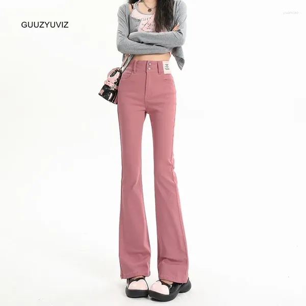 Jeans femininos Guuzyuviz Rosa Mulher queimada Estabelecer cintura alta jeans de jeans de sino calças Ladies