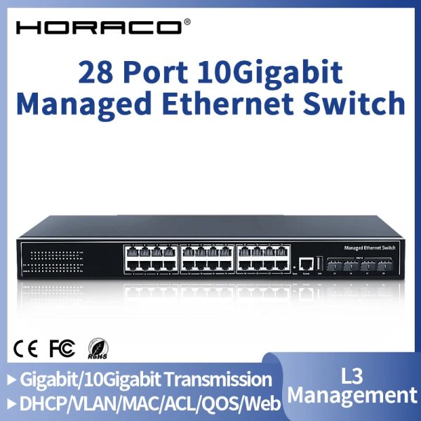 Switches Horaco 28 Porta Gerenciada Ethernet Switch L3 10Gigabit Uplink Networker Rede de Rede 1000Mbps 24 Port Hub Internet Splitter 1U RackMount