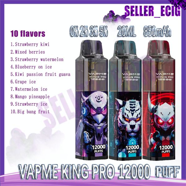 Otantik Vapme King Pro 12000 Puflar Tek Kullanımlık Vape 10 Lezzetler 20ml Önceden doldurulmuş Cihaz 850mAh Tip-C Şarj Edilebilir Pil 1.0 Örgü Bobin 12K E Sigara