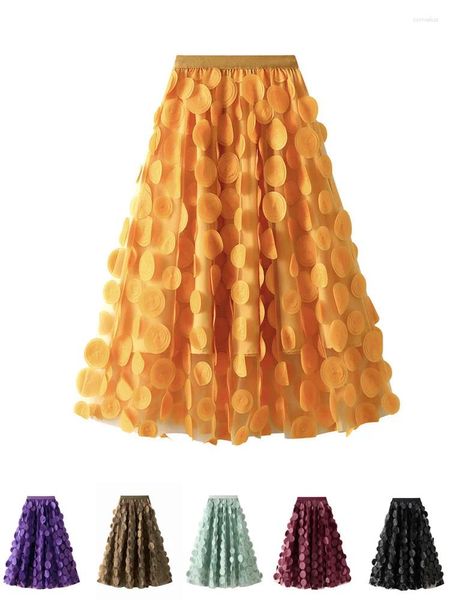 Saias vintage 3D Design Polca Dot Long Tule Mesh Mulheres 2024 Primavera Verão HEPBURN Estilo High Salia Midi Salia Feminina Vestido de Ball