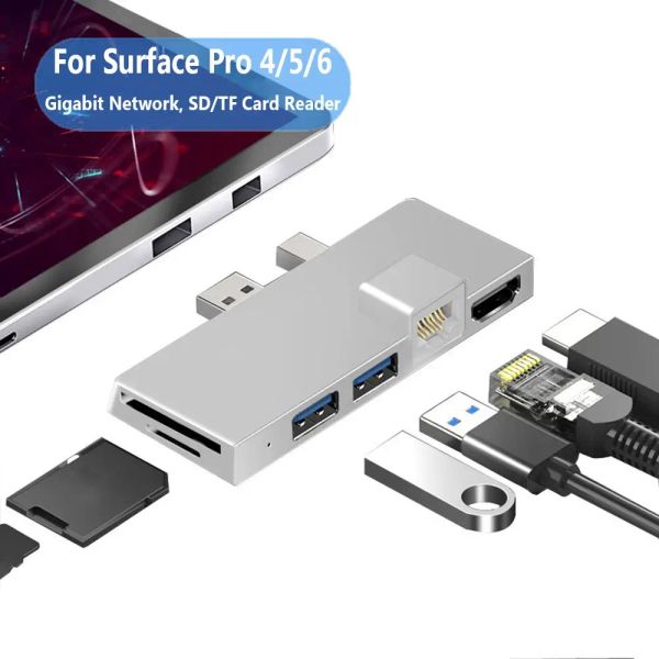 Hubs 1pc Aluminum Alloy USB 3,0 Dock Station USB SD/TF Reader Hearder Gigabit Network Converter для Microsoft Surface Pro 4/5/6