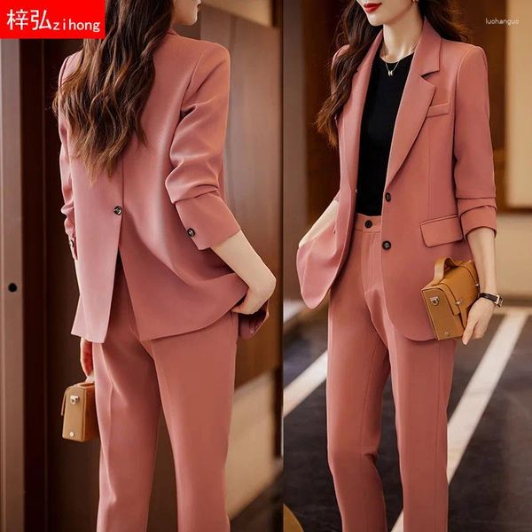 Женские брюки с двумя частями розовый модный пиджак для женщин весна и осень 2024 года. Случайный темперамент плюс размер бизнес -адаптированный формальный CL