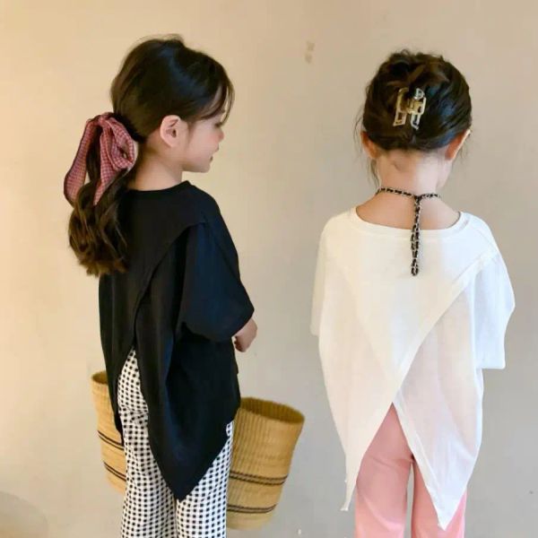 Tees Kids Tshirts sólidos Summer Summer New Back Split Fork Sleeve Sleeve Fashion Tees Girl de alta qualidade Tops de algodão Toddler Tshirts WZ173