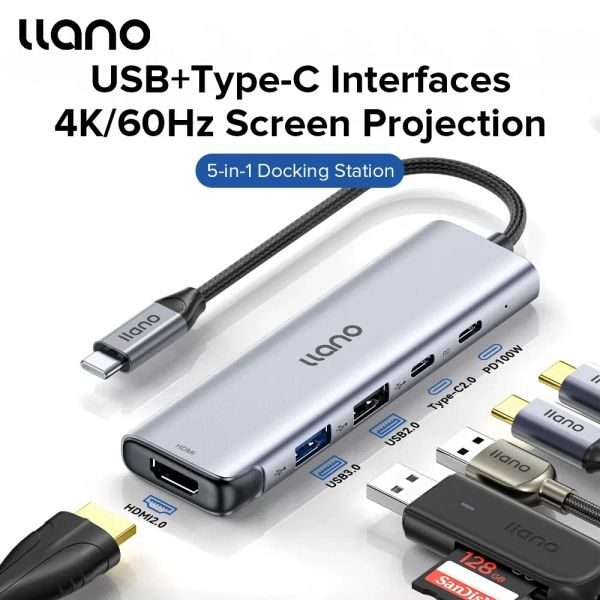 Hubs llano 5 in 1 USBC Hub Defter Docking İstasyonu USB3.0 Splitter 4K60Hz Çok Bağımsız Yüzey HDMI PD Dönüştür