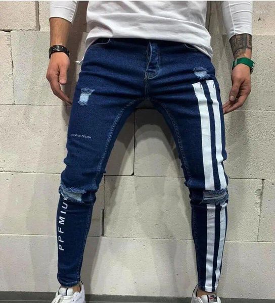 Jeans masculinos homens elegantes e lápis fino streetwear sólida cor casual lateral lateral lateral S-3xl Big Size Denim Troushers