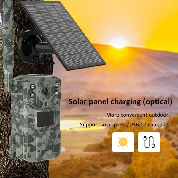 Telecamere per pista da caccia solare fotocamera 14mp 4G SIM SIM IP66 WATTERFROUT 20M PIR Motion Detection Camera per la fauna selvatica IR Night Vision Device