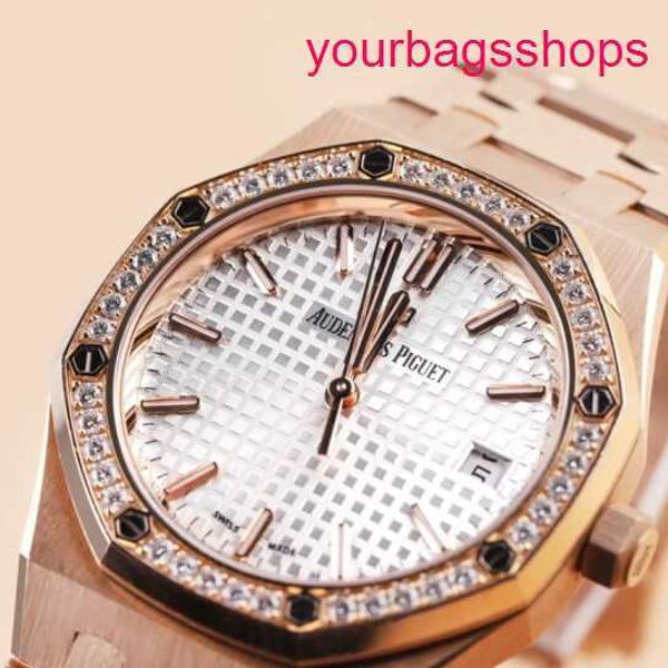 Ap titanische Handgelenk Uhr 77351or weiße Scheibe Außenring Diamant 18k Roségold Royal Oak Damen 34mm Roségold