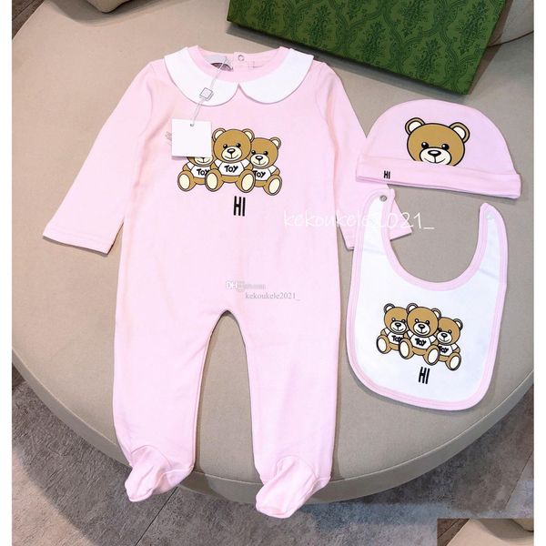 ROMPERS 3PCS/SET Neugeborenes Mädchen Strampler Baumwollkleidung Drucken süßer Cartoonbär Neugeborene Mädchen Jungenuits Hut Lätzchen Outfit Drop liefern dh31d